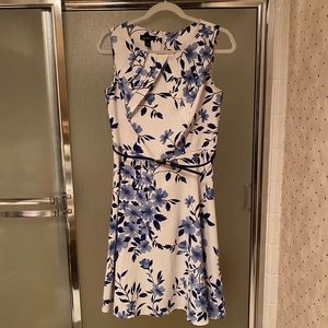 White Dress with Blue Flowers and Belt